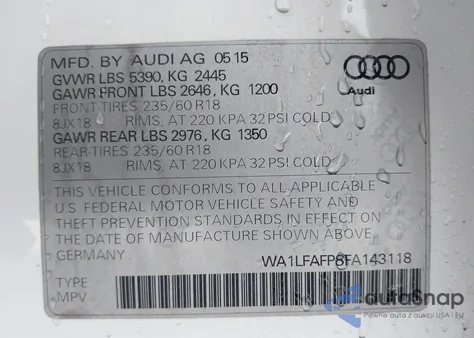 2015 Audi Q5 2.0T Premium from USA, damaged, VIN WA1LFAFP8FA143118